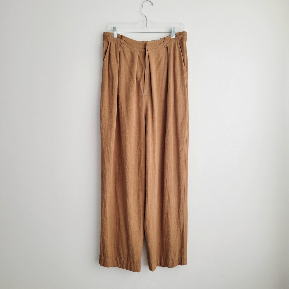 FREE PEOPLE Brown Wide Leg Linen-Blend Pleated Front Trousers - Picture 2 of 7